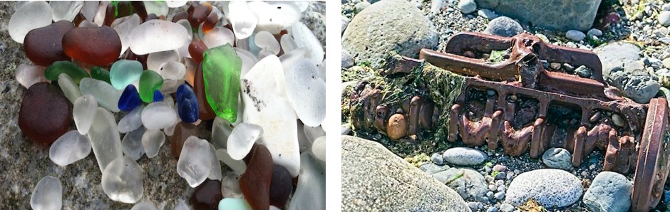 Beach glass and truck parts: garbage on a beach