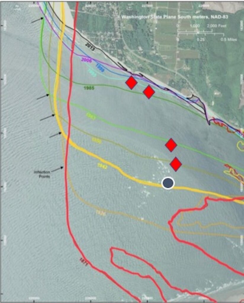 Historical contours of the North Beach shoreline, 1871-2013.